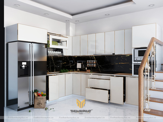 Tủ bếp inox cánh kính cường lực màu Trắng Sữa