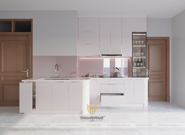 Tủ bếp inox cánh kính cường lực màu hồng pastel hiện đại IK122