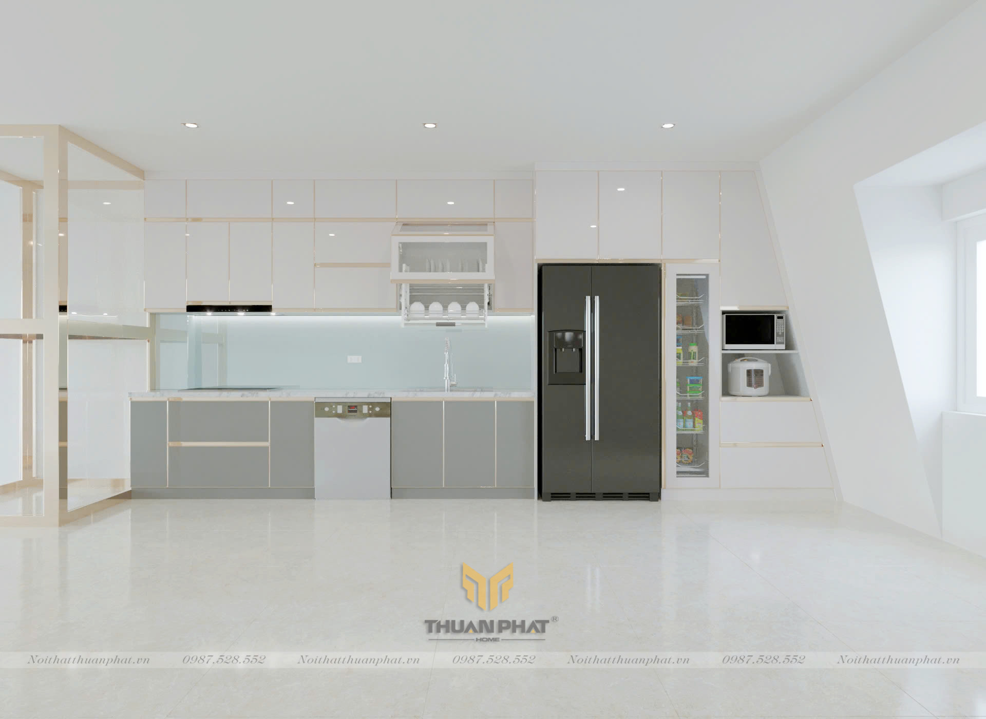 Tủ bếp inox cánh kính cường lực chữ I hiện đại IK124