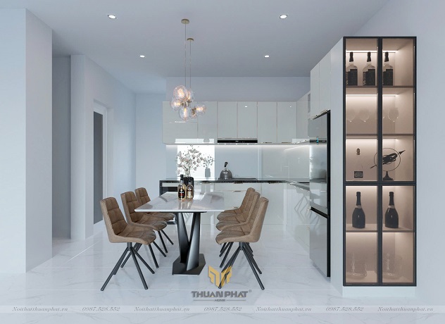 Tủ bếp inox cánh kính cường lực kiểu dáng chữ L