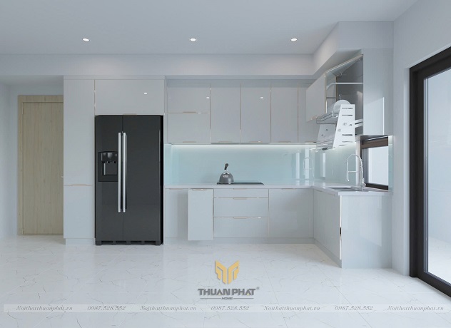 Tủ bếp inox cánh kính cường lực màu trắng IK126