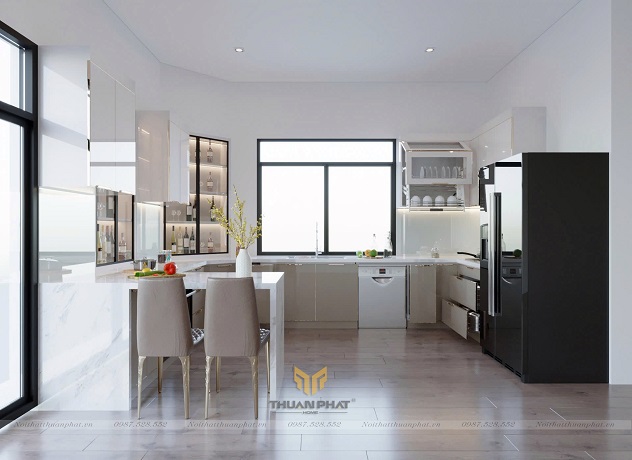 Tủ bếp inox cánh kính cường lực kèm quầy bar IK127