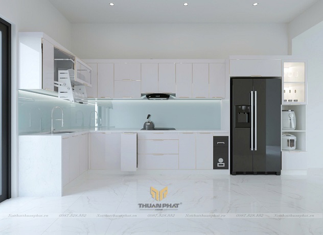 Tủ bếp inox cánh kính cường lực màu trắng IK128