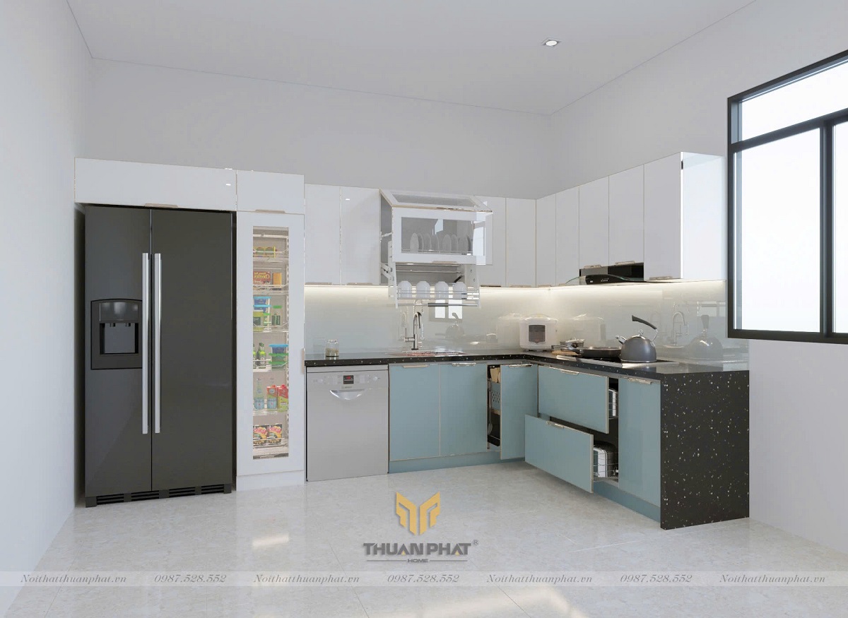 Tủ bếp inox cánh kính cường lực màu trắng xanh IK129