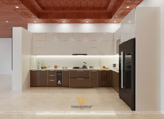 Tủ bếp inox cánh kính chữ L hiện đại IK137