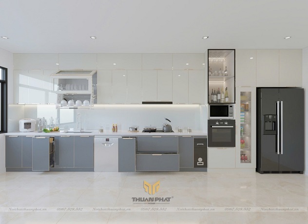 Tủ bếp inox cánh kính cường lực màu trắng ghi sang trọng