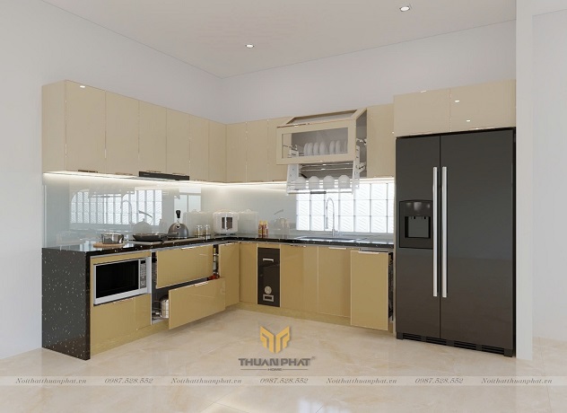 Tủ bếp inox cánh kính chữ L màu be vàng IK140