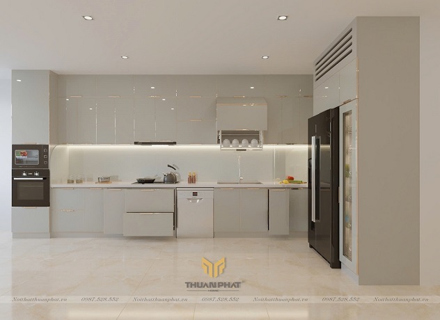 Tủ bếp inox cánh kính chữ L hiện đại IK142