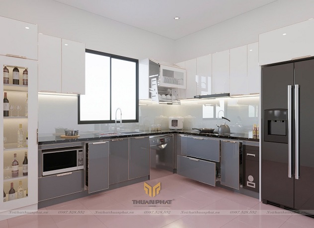 Tủ bếp inox cánh kính chữ L hiện đại IK143