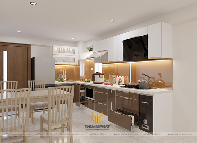 Tủ bếp inox cánh kính màu nâu cà phê kết hợp trắng IK15
