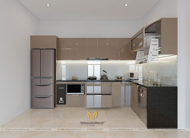 Tủ bếp inox cánh kính chữ L hiện đại IK153