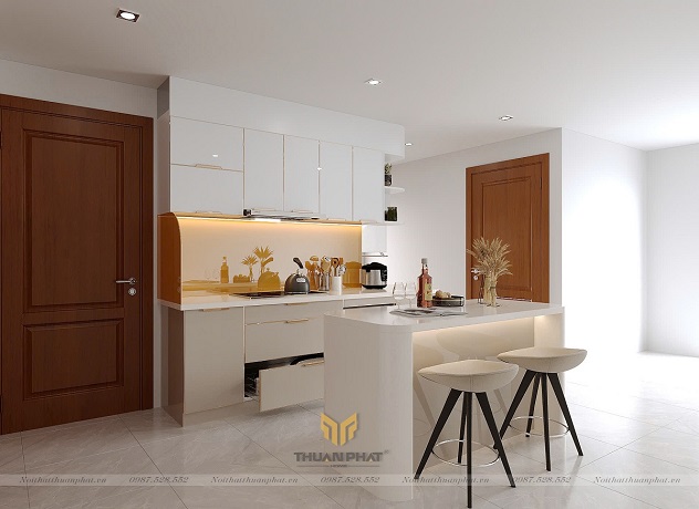 Tủ bếp inox cánh kính chữ L kết hợp bàn đảo tiện lợi IK156