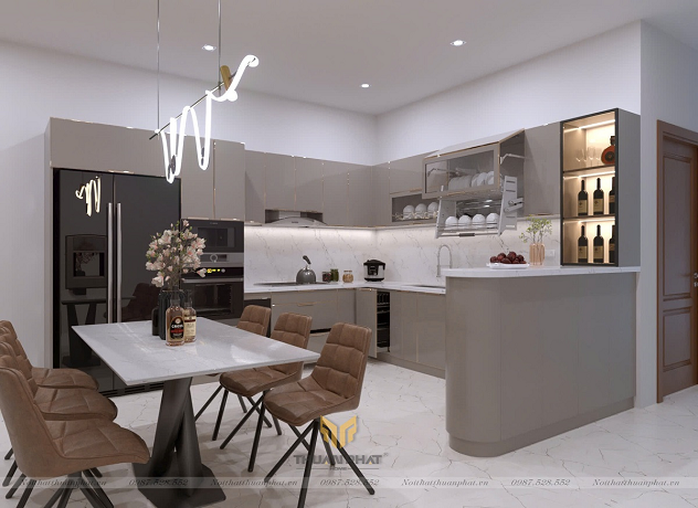 Tủ bếp inox cánh kính chữ L kết hợp quầy bar nhỏ IK157