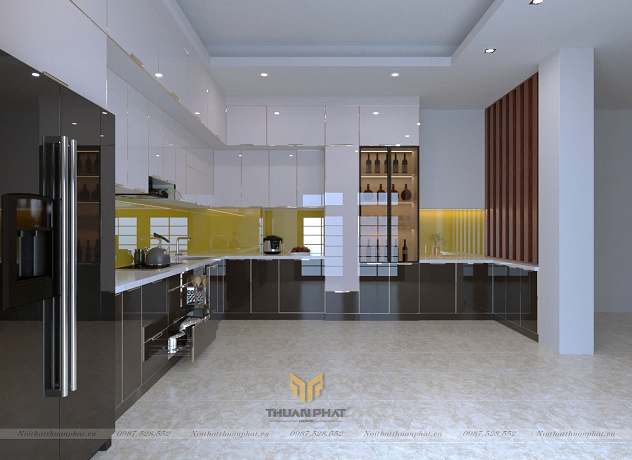 Tủ bếp inox cánh kính chữ L kịch trần IK158