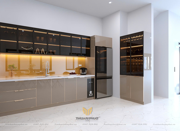 Tủ bếp inox cánh kính chữ L màu trà IK159