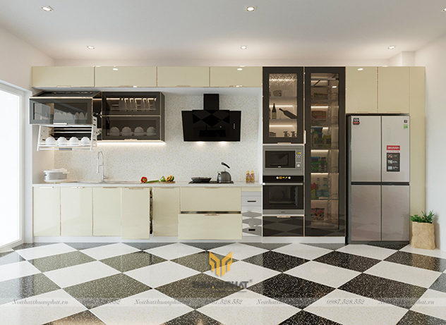 Tủ bếp inox cánh kính màu Vàng Kem kết hợp Đen IK16