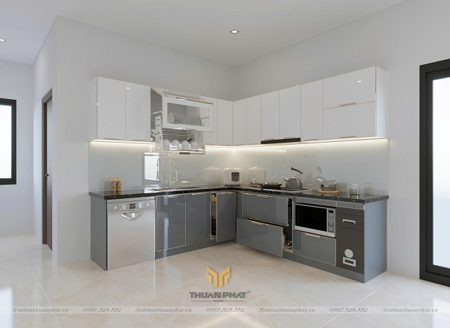 Tủ bếp inox cánh kính màu trắng ghi IK160