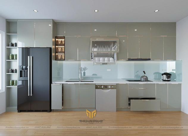 Tủ bếp inox cánh kính kết hợp bàn đảo hiện đại IK161