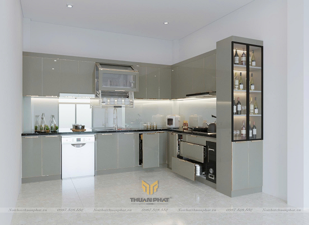 Tủ bếp inox cánh kính thiết kế kịch trần IK163