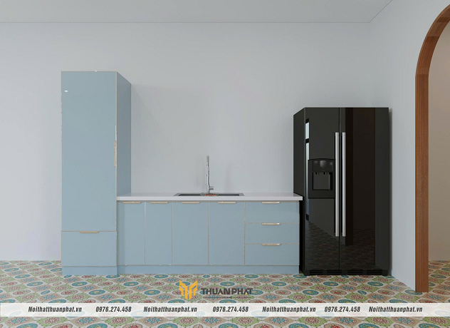 Tủ bếp inox cánh kính chữ I kết hợp bàn đảo