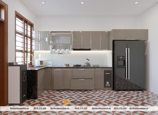 Tủ bếp inox cánh kính chữ L tối ưu công năng