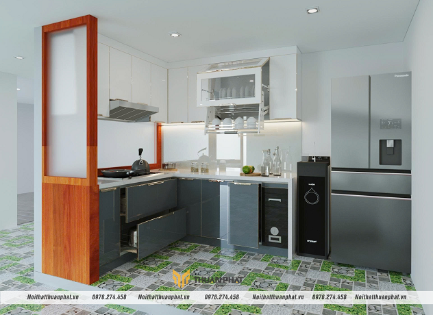 Tủ bếp inox cánh kính chữ L màu xanh hiện đại