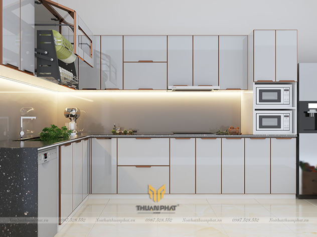 Tủ bếp inox cánh kính màu Trắng Xám đơn giản mà đẹp