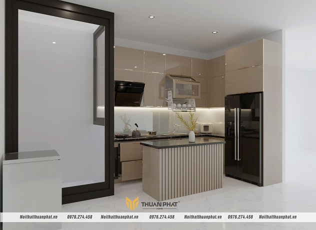 Tủ bếp inox cánh kính kèm bàn đảo sang trọng - bền đẹp