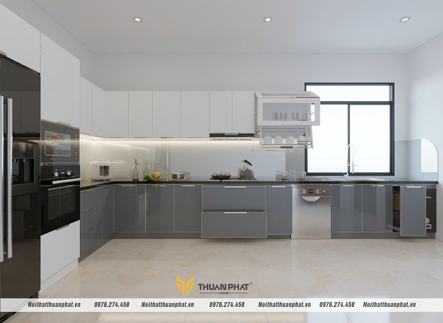 Tủ bếp inox cánh kính phối màu trắng - xanh hiện đại