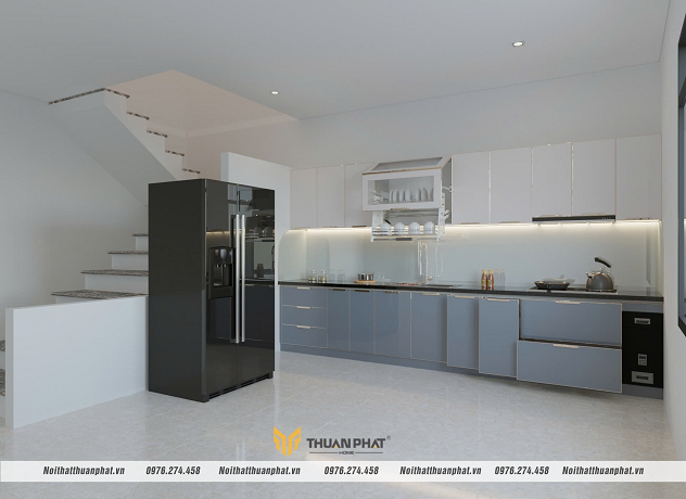 Tủ bếp inox cánh kính phối màu xanh - trắng độc đáo