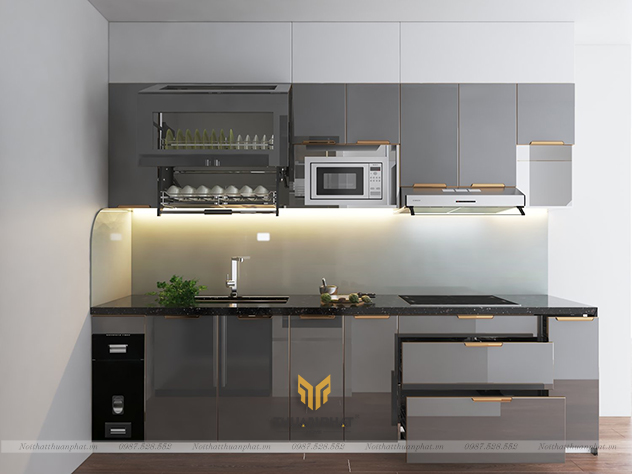 Tủ bếp inox cánh kính cường lực màu GHI kịch trần trắng sứ