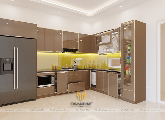 Tủ bếp inox cánh kính NÂU TÂY sang trọng