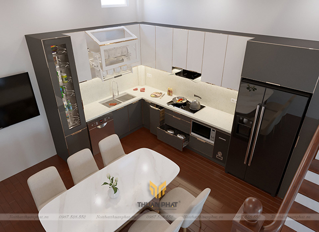 Tủ bếp inox cánh kính Ghi Xám kết hợp Trắng