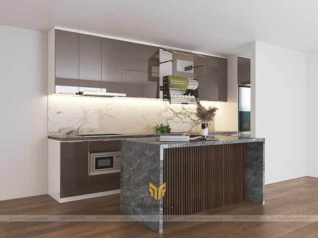Tủ bếp inox cánh kính cường lực với "Bàn Đảo" siêu rộng