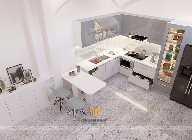 Tủ bếp inox cánh kính cường lực phối màu độc đáo