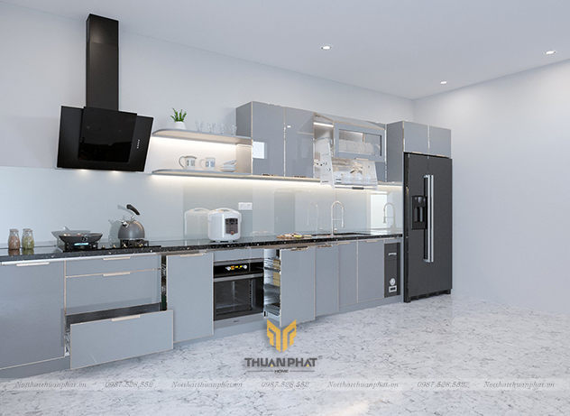 Tủ bếp inox cánh kính cường lực GHI SÁNG