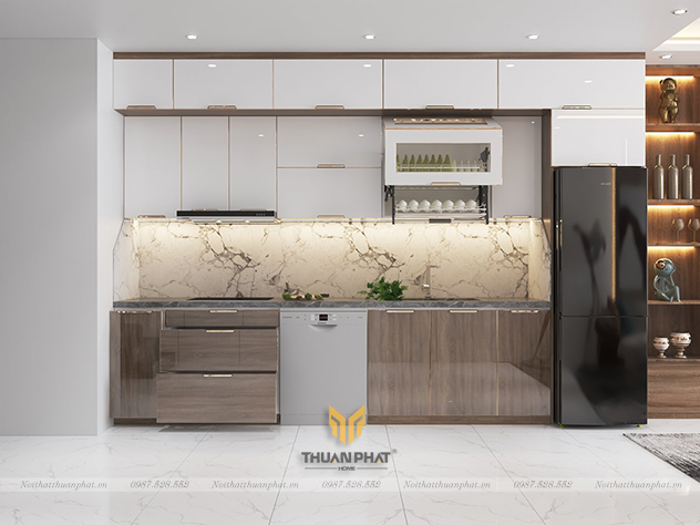 Tủ bếp inox cánh kính cường lực hình chữ i đơn giản