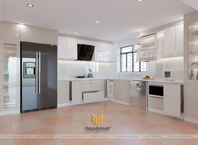 Tủ bếp inox cánh kính cường lực màu be sữa