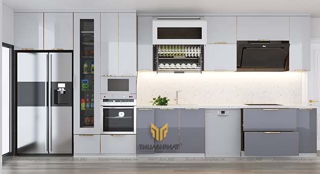 Tủ bếp inox cánh kính cường lực ghi, trắng