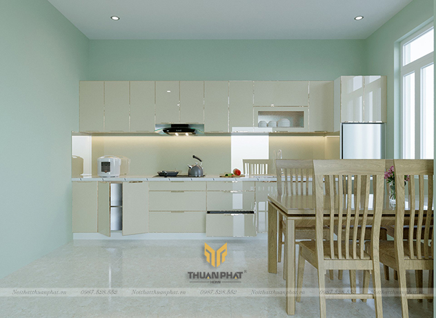 Tủ bếp inox cánh kính cường lực màu kem chữ i đơn giản