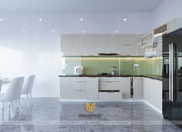 Tủ bếp inox cánh kính cường chữ L đơn giản