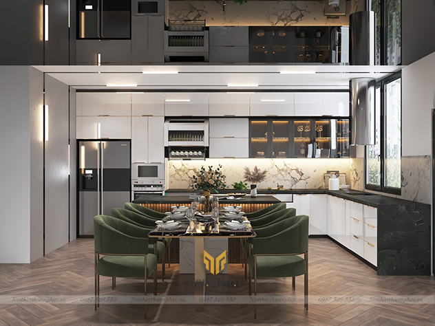 Tủ bếp inox cánh kính cường lực màu trắng kèm "bàn đảo"