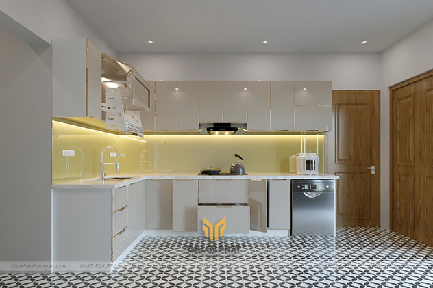 Tủ bếp inox cánh kính màu be đơn giản