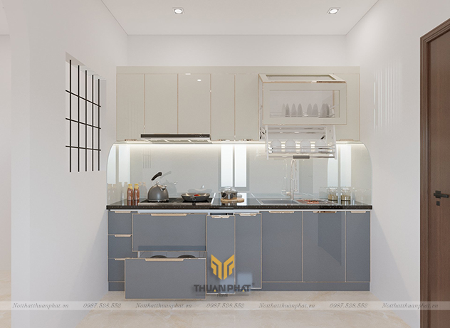 Tủ bếp inox cánh kính chữ i màu ghi đá