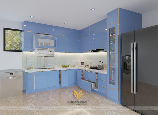Tủ bếp inox cánh kính xanh sang trọng