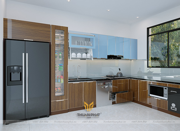 Tủ bếp inox cánh kính cường lực màu vân gỗ kết hợp xanh