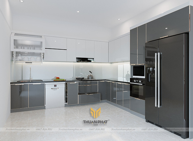 Tủ bếp inox cánh kính cường chữ L  IK46