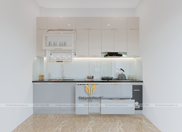 Tủ bếp inox cánh kính cường chữ I đơn giản