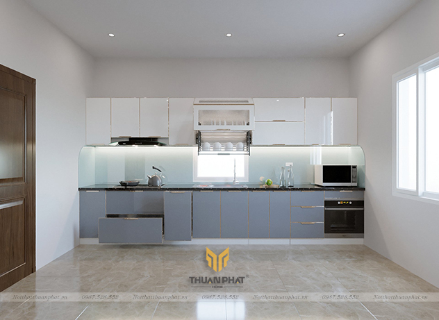 Tủ bếp inox cánh kính cường lực chữ i IK50