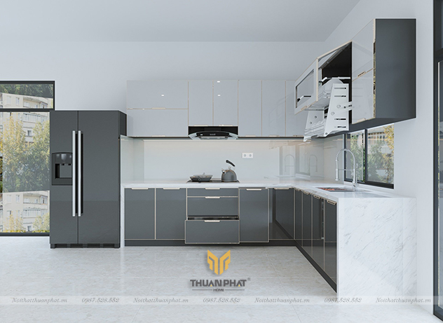 Tủ bếp inox cánh kính hình chữ L IK51